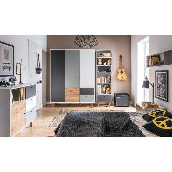 Bílo-šedá třídveřová šatní skříň se dřevěným detailem Vox Concept-image-1