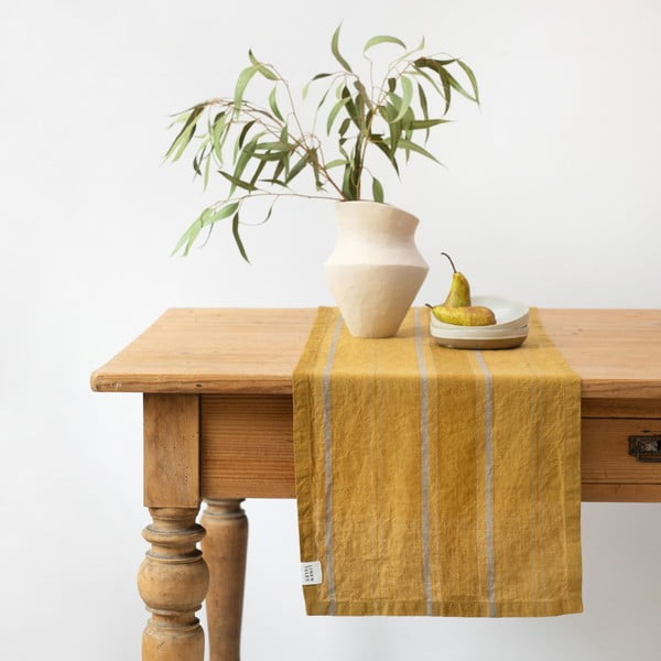 Lněný běhoun na stůl 200x200 cm Amber Bronze Stripes – Linen Tales