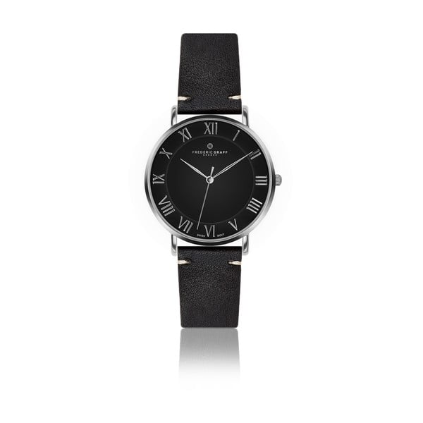 Černé hodinky s páskem z pravé kůže ve stříbrné barvě Frederic Graff Grunhorn