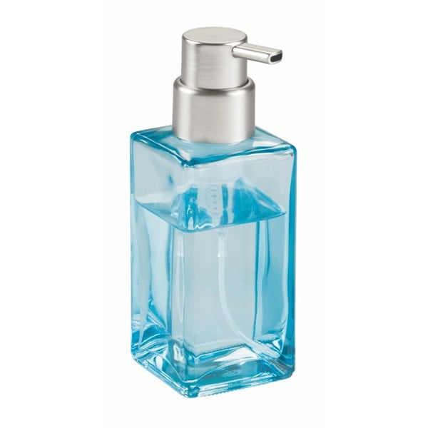 Modrý skleněný dávkovač na mýdlo s detailem ve stříbrné barvě InterDesign