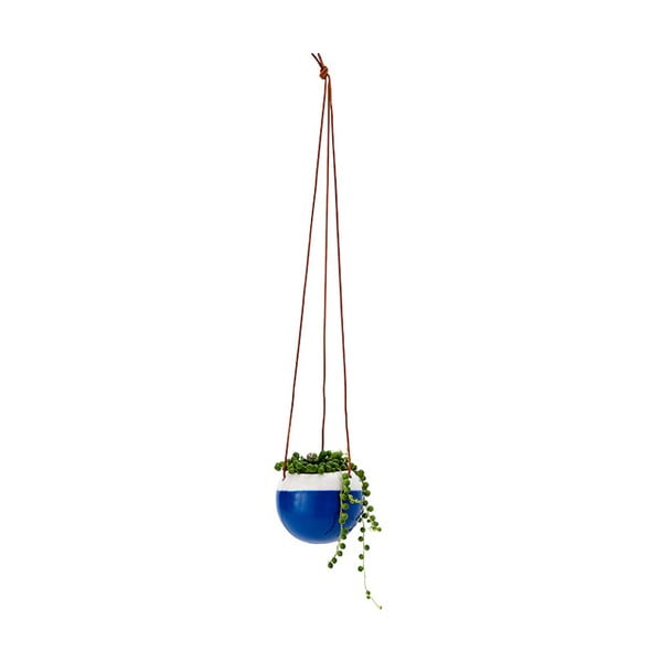 Modrý závěsný květináč se závěsem z kůže Ladelle, ⌀ 10,8 cm