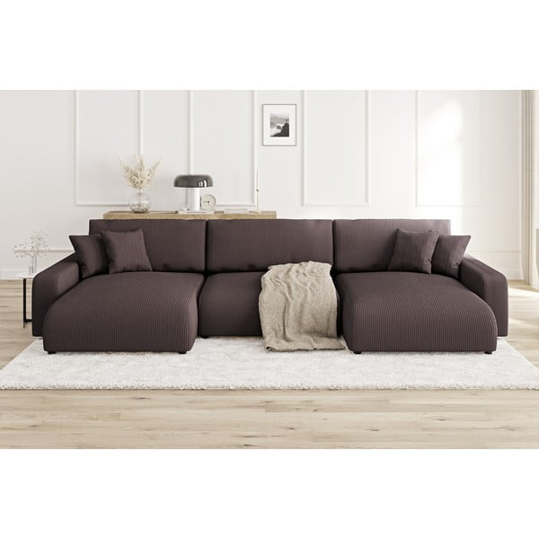 Hnědá manšestrová rozkládací/s úložným prostorem rohová pohovka Sara – Ropez-image-1