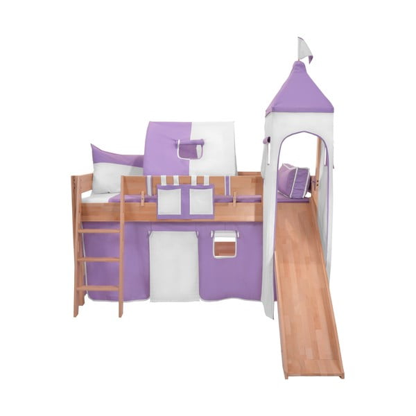 Dětská patrová postel se skluzavkou a fialovo-bílým hradním bavlněným setem Mobi furniture Luk, 200 x 90 cm