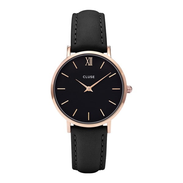 Dámské černé hodinky s koženým řemínkem a detaily v barvě růžového zlata Cluse Minuit