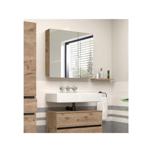 Závěsná koupelnová skříňka se zrcadlem v dekoru dubu v přírodní barvě 80x70 cm Wisla – Støraa-image-4