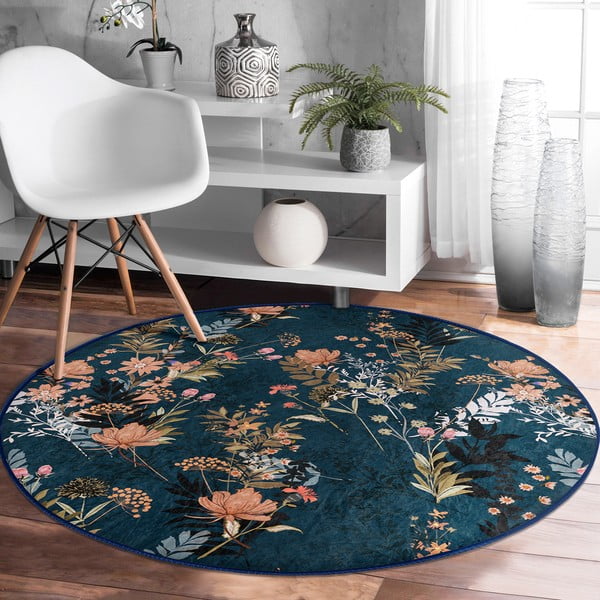 Tmavě modrý pratelný kulatý koberec vhodný pro robotické vysavače ø 120 cm Comfort – Mila Home-image-3