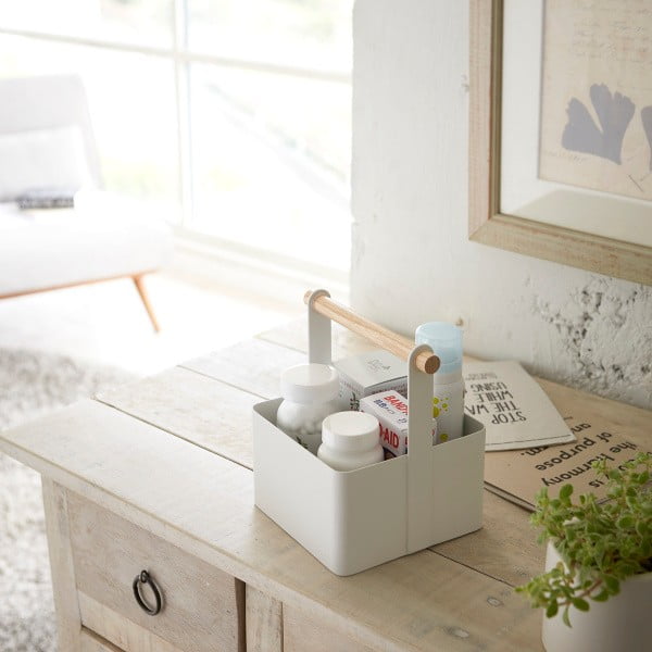 Bílý multifunkční box s detailem z bukového dřeva YAMAZAKI Tosca Tool Box, délka 16 cm-image-1