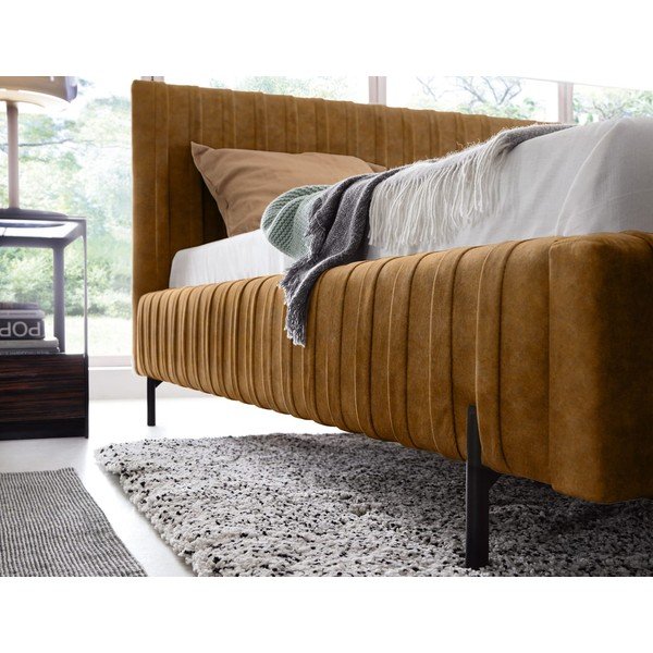 Okrově žlutá čalouněná dvoulůžková postel s úložným prostorem s roštem 180x200 cm Plissa – ELTAP-image-4