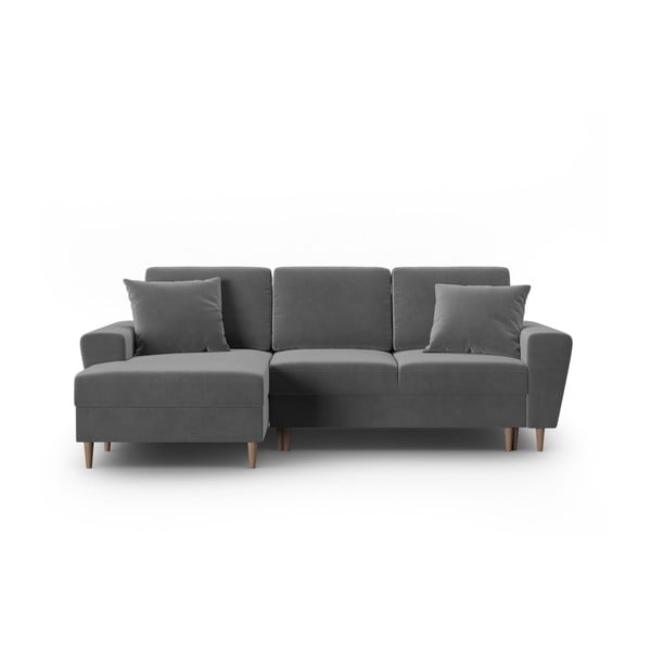 Světle šedá sametová rozkládací/s úložným prostorem rohová pohovka (levý roh/s lenoškou) Kyoto – Cosmopolitan Design