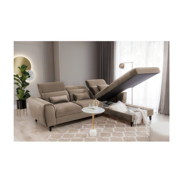 Světle hnědá sametová rozkládací/s úložným prostorem rohová pohovka (pravý roh/s lenoškou) Foble – ELTAP-image-4