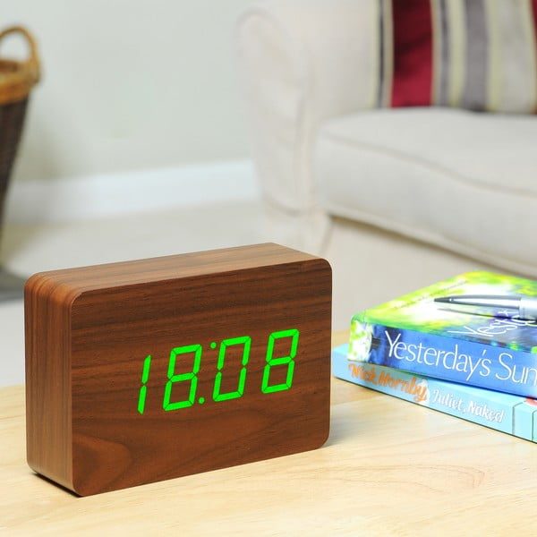 Tmavě hnědý budík se zeleným LED displejem Gingko Brick Click Clock-image-3