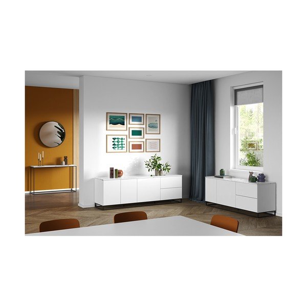 Matně bílý televizní stolek s bílou deskou v mramorovém dekoru TemaHome Join, 200 x 65 cm-image-1