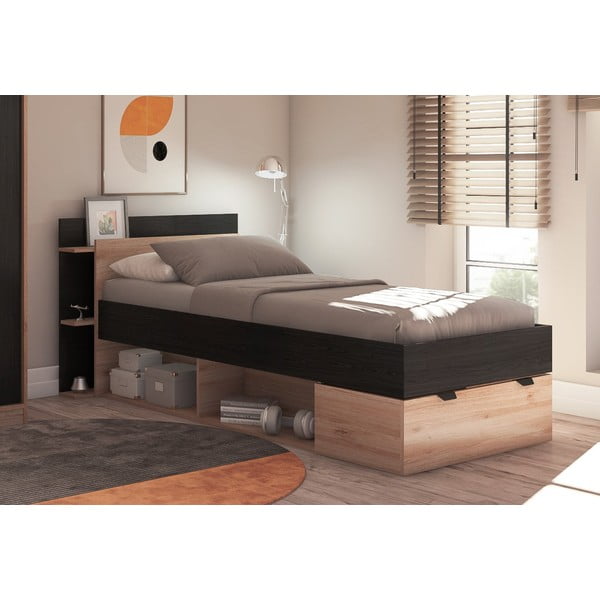 Jednolůžková postel v dekoru dubu s úložným prostorem bez roštu v černo-přírodní barvě 90x200 cm Albo – Marckeric-image-3