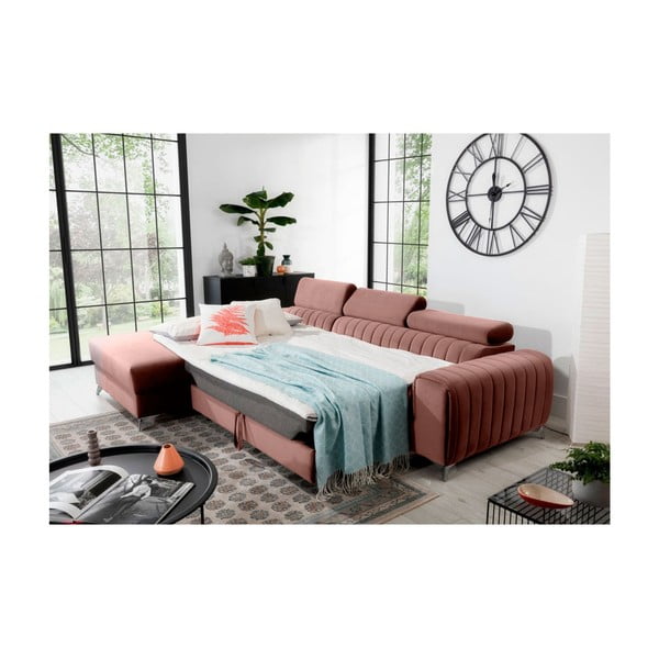 Růžová sametová rozkládací/s úložným prostorem rohová pohovka (levý roh/s lenoškou) Grayson – ELTAP-image-4