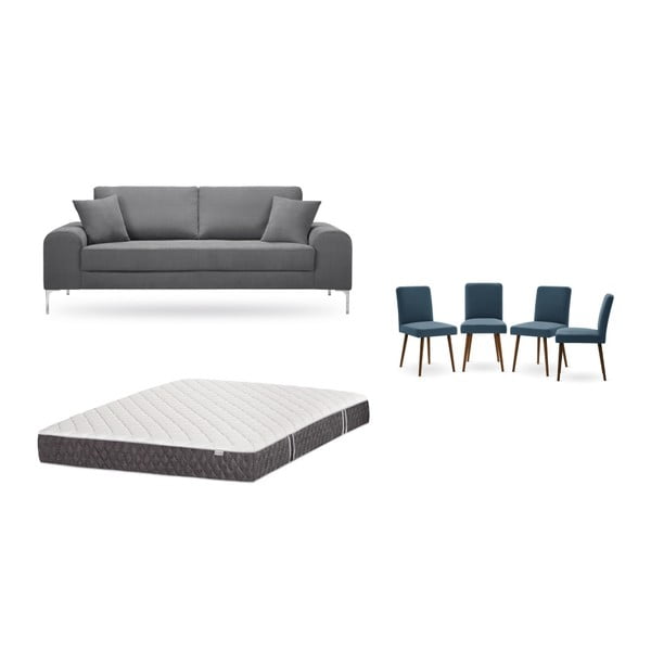 Set třímístné šedé pohovky, 4 modrých židlí a matrace 160 x 200 cm Home Essentials