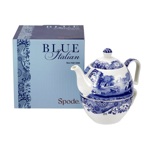 Bílomodrá porcelánová konvička s hrnečkem na čaj Spode Blue Italian, 450 ml