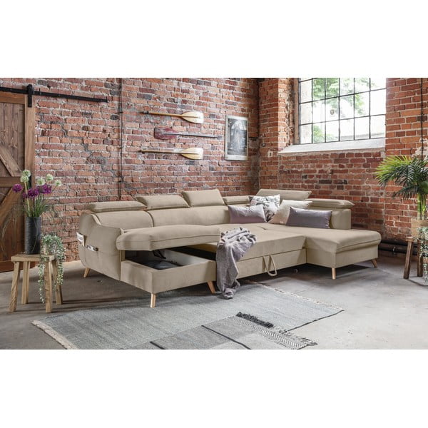 Béžová sametová rozkládací rohová pohovka do "U" (pravý roh) Sweet Harmony – Miuform-image-4