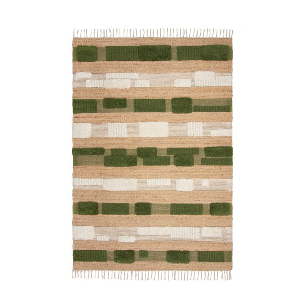 Ručně tkaný koberec s příměsí juty v zeleno-přírodní barvě 160x230 cm Medina Blocks – Flair Rugs