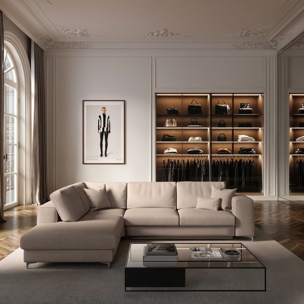 Béžová sametová rozkládací/s úložným prostorem rohová pohovka (levý roh/do L) Rene – Rodier-image-1