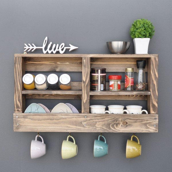 Dřevěná nástěnná police s háčky Ayako-image-1