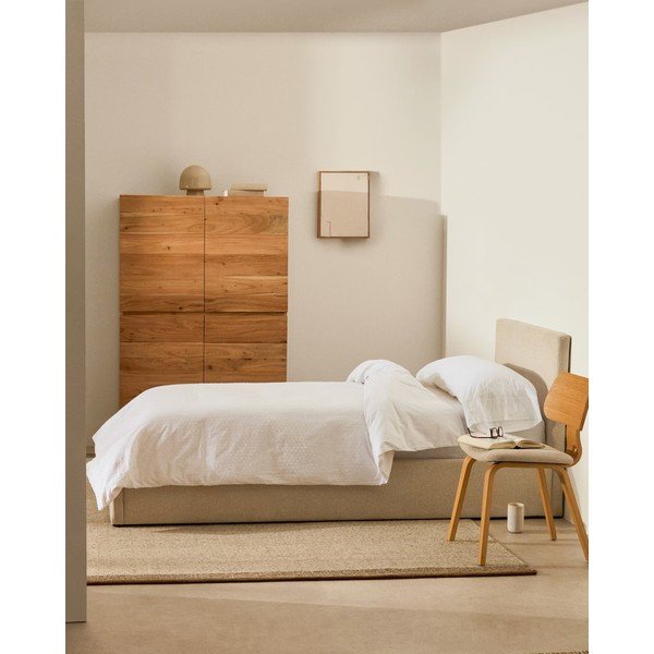 Béžová čalouněná jednolůžková postel s úložným prostorem s roštem 90x200 cm Nahiri – Kave Home-image-1