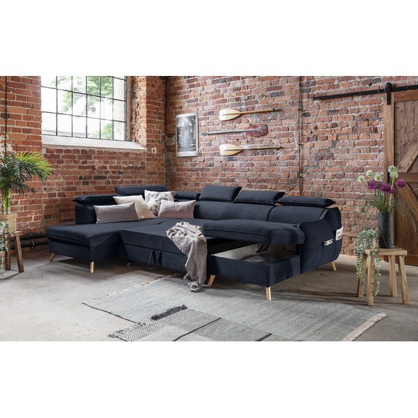 Tmavě modrá sametová rozkládací rohová pohovka do "U" (levý roh) Sweet Harmony – Miuform-image-3