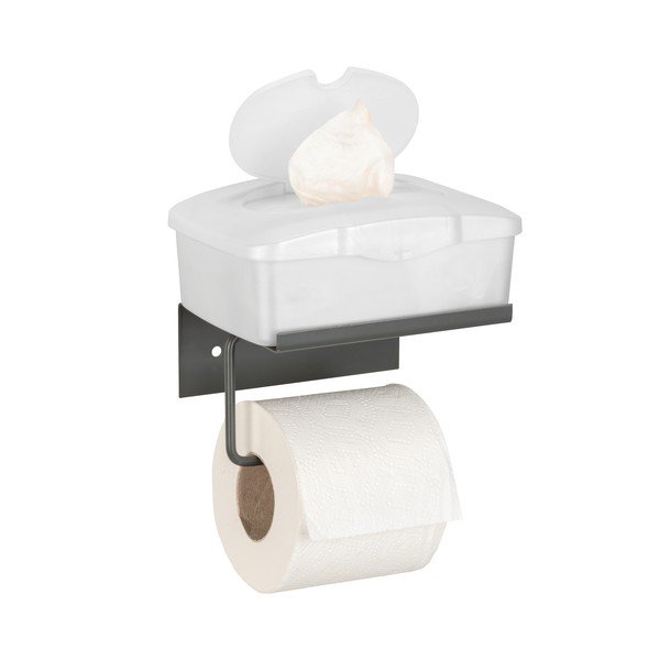 Antracitový samodržící kovový držák na toaletní papír s poličkou Desulo – Wenko-image-4