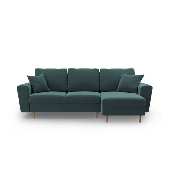 Sametová rozkládací/s úložným prostorem rohová pohovka v petrolejové barvě Kyoto – Cosmopolitan Design