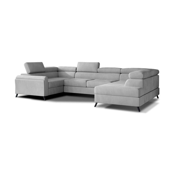 Světle šedá sametová rozkládací/s úložným prostorem rohová pohovka (pravý roh/do "U") Escada – ELTAP