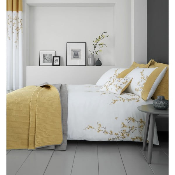 Bílo-žluté povlečení Catherine Lansfield Embroidered Blossom, 200 x 200 cm-image-1
