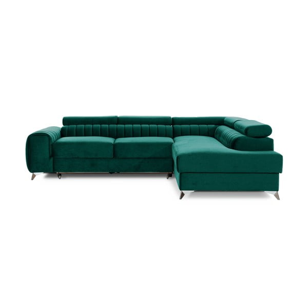 Zelená sametová rozkládací/s úložným prostorem rohová pohovka (pravý roh/do L) Laurence – ELTAP