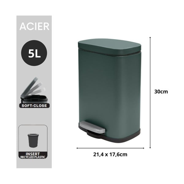 Tmavě zelený nášlapný ocelový odpadkový koš 5 l   Akira – Spirella-image-2