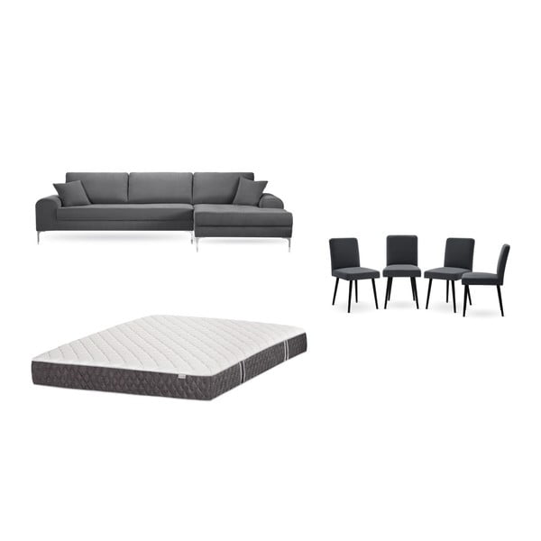 Set šedé pohovky s lenoškou vpravo, 4 antracitově šedých židlí a matrace 160 x 200 cm Home Essentials