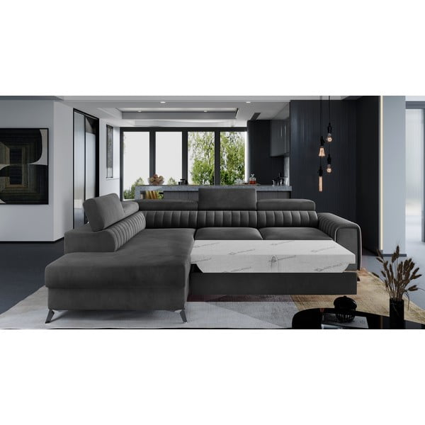 Tmavě šedá sametová rozkládací/s úložným prostorem rohová pohovka (levý roh/do L) Laurence – ELTAP-image-2