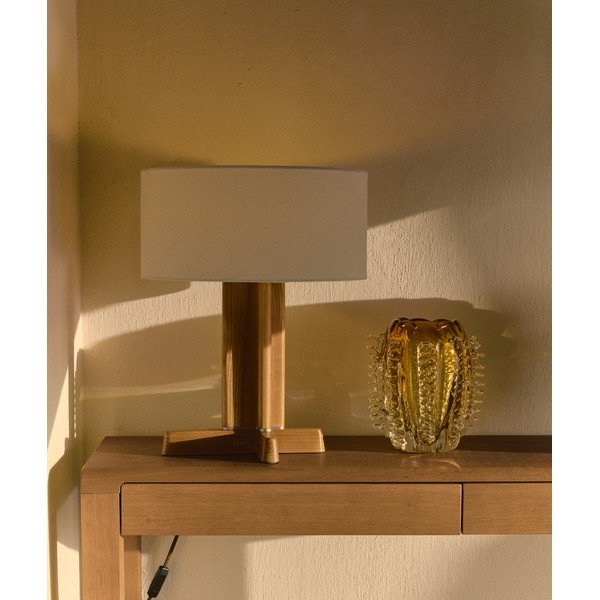 Bílá/hnědá stolní lampa z kaučukového dřeva s textilním stínidlem (výška 48 cm) Niani – Kave Home-image-1