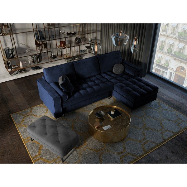 Modrá sametová rozkládací rohová pohovka Milo Casa Santo, pravý roh-image-1