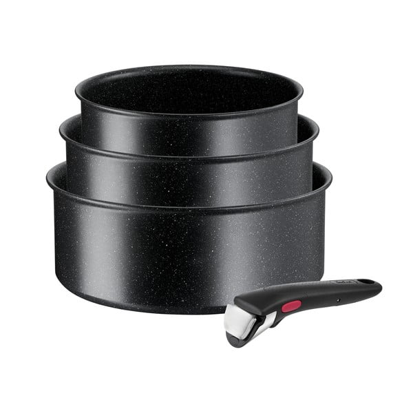 Hliníkové hrnce na indukci s nepřilnavým povrchem a odnímatelnou rukojetí v sadě 3 ks INGENIO Black stone L3998902 – Tefal