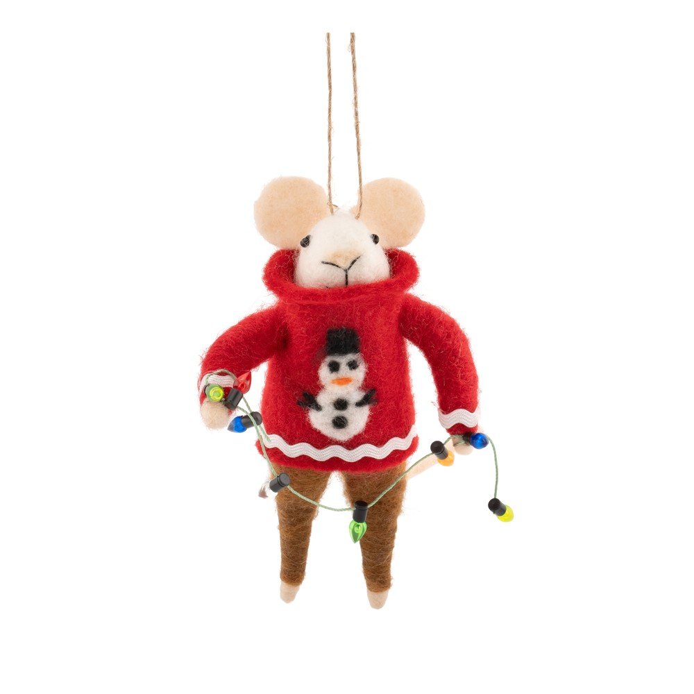 Textilní vánoční ozdoba 6 cm Mouse in Snowman Jumper with Fairy Lights – Sass & Belle