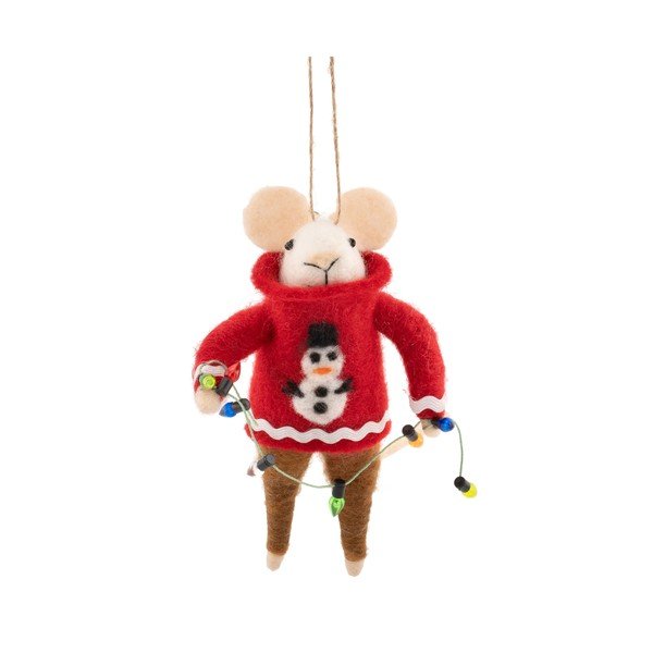 Textilní vánoční ozdoba 6 cm Mouse in Snowman Jumper with Fairy Lights – Sass & Belle