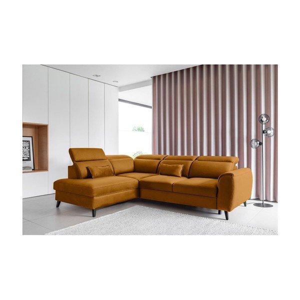 Žlutá sametová rozkládací/s úložným prostorem rohová pohovka (levý roh/do L) Noble – ELTAP-image-1