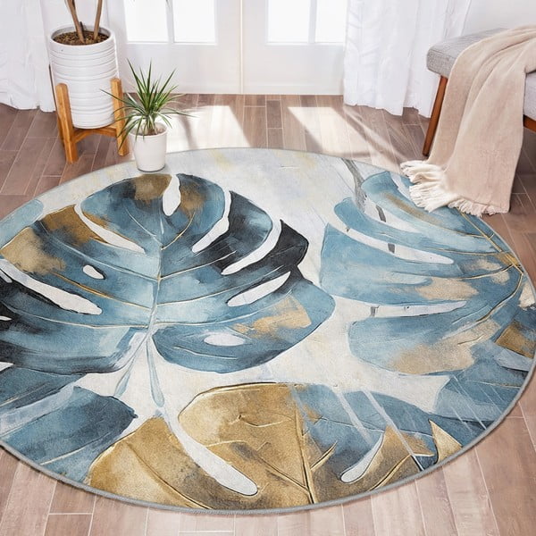 Modrý pratelný kulatý koberec ø 150 cm Golden Leaves – Mila Home-image-1
