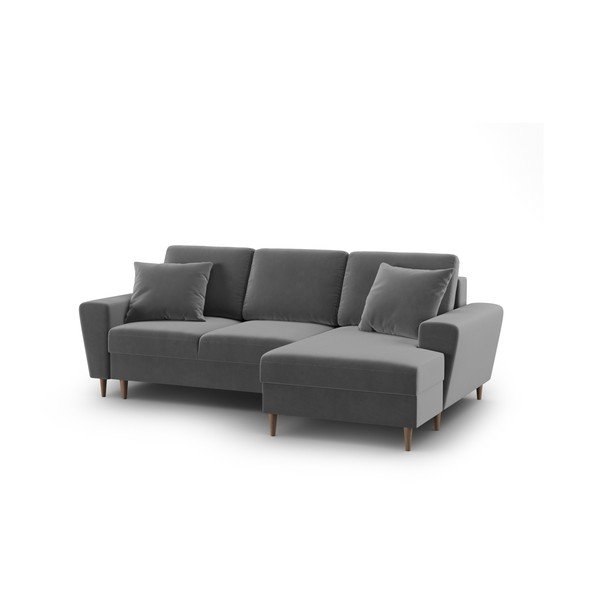 Světle šedá sametová rozkládací/s úložným prostorem rohová pohovka (pravý roh/s lenoškou) Kyoto – Cosmopolitan Design-image-1