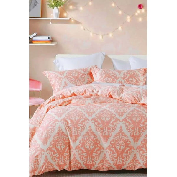Růžovo-béžové 4dílné prodloužené povlečení na dvoulůžko s prostěradlem z bavlny Renforcé 200x220 cm Damask – Mila Home