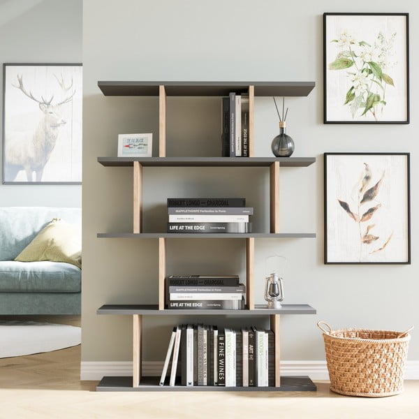 Šedá/přírodní knihovna v dekoru dubu 90x127 cm Harmon – Kalune Design-image-1