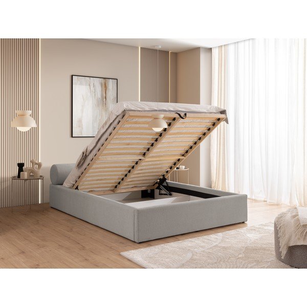 Světle šedá čalouněná dvoulůžková postel s úložným prostorem s roštem 140x200 cm Cille – Ropez-image-4