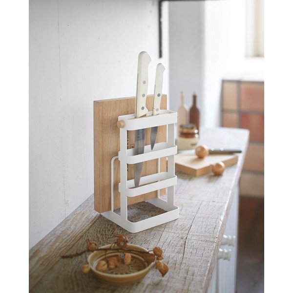 Bílý stojan s detailem z bukového dřeva na nože a prkénka YAMAZAKI Tosca-image-3