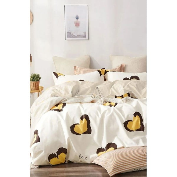 Žluté prodloužené povlečení na dvoulůžko z bavlny Renforcé s prostěradlem/4dílné 200x220 cm Double Heart – Mila Home
