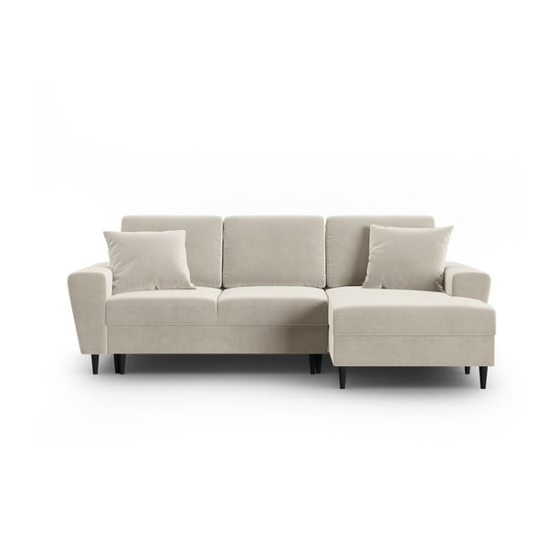 Béžová sametová rozkládací/s úložným prostorem rohová pohovka (pravý roh/s lenoškou) Kyoto – Cosmopolitan Design