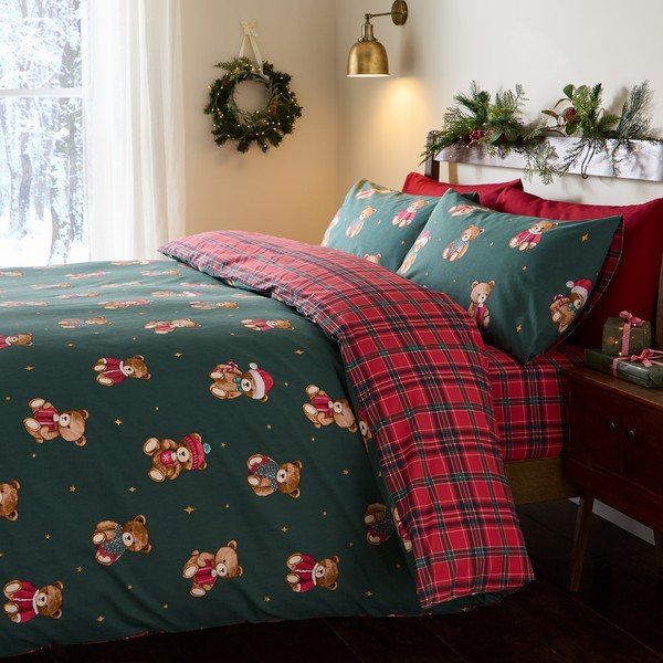 Červené/tmavě zelené povlečení na jednolůžko 150x120 cm Christmas Tartan Teddy Bear – Catherine Lansfield