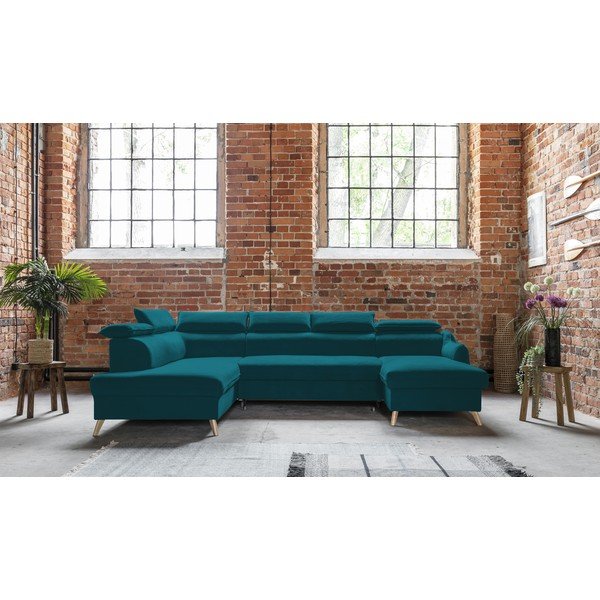 Tyrkysová sametová rozkládací rohová pohovka do "U" (levý roh) Sweet Harmony – Miuform-image-1